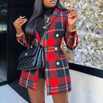 Yipinpay Women Chic Elegant Plaid Pattern Colorblock Buttoned Longline Blazer Coat